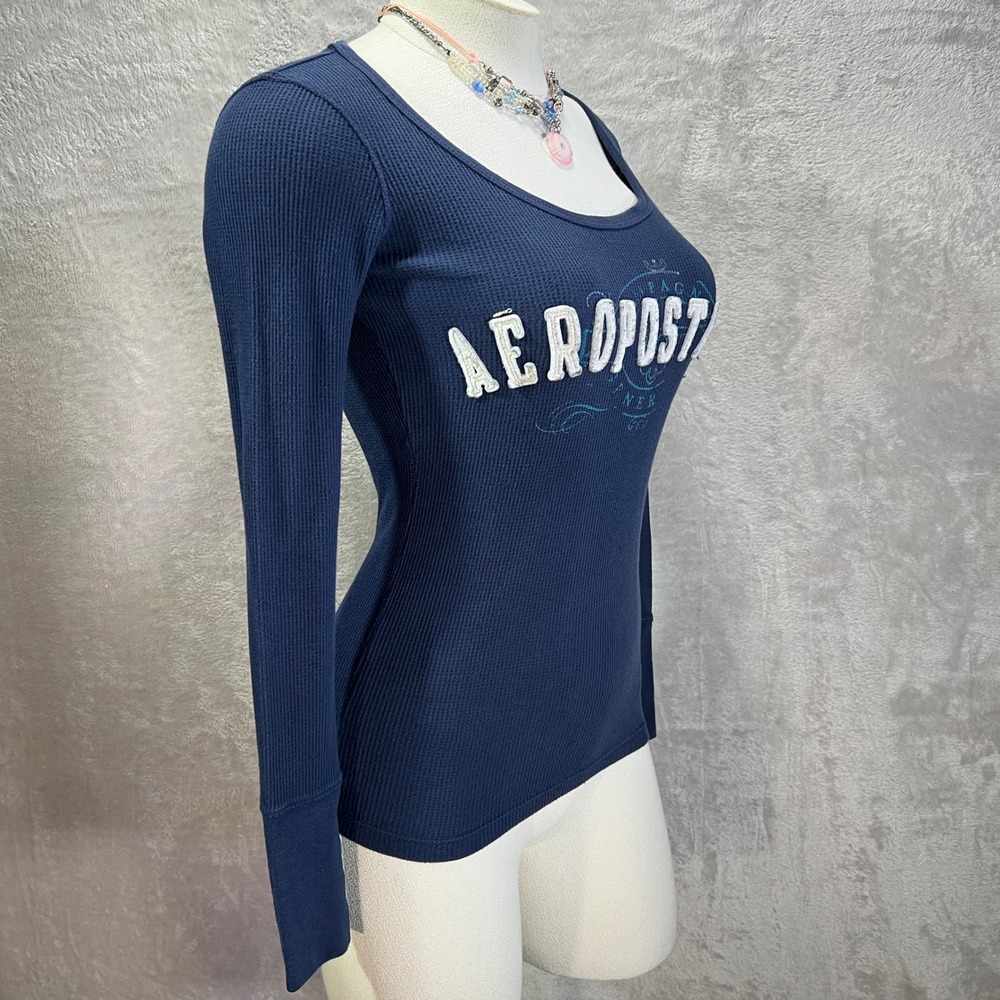 Y2K Aeropostale Waffle Knit Shirt Blue Womens XS Navy Pink Bella Swan 2000s - Picture 4 of 11